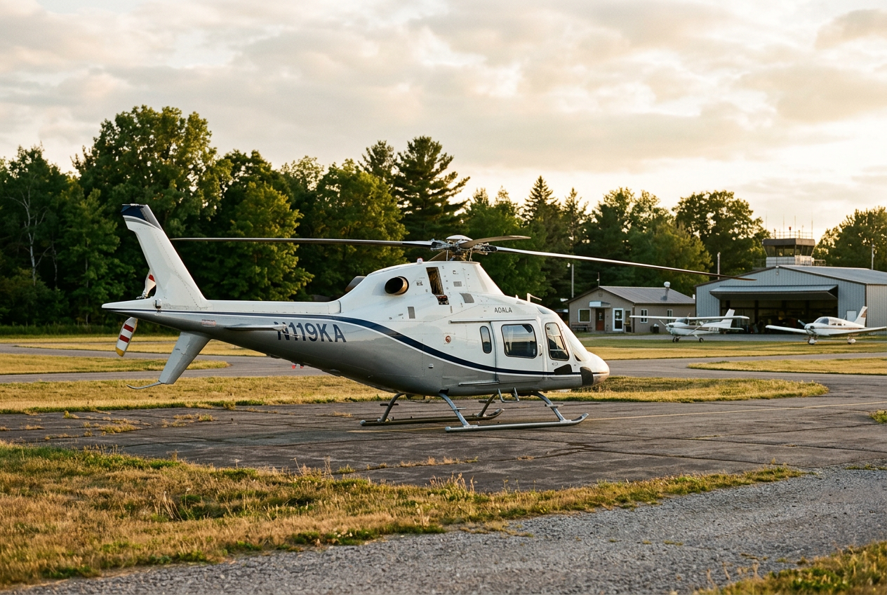 Single-engine turbine helicopter on a grass apron