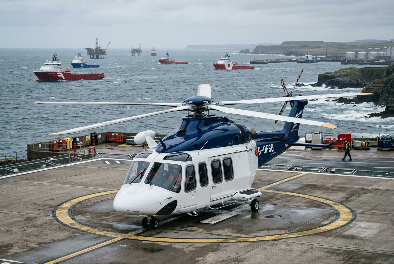 Medium twin helicopter at a coastal heliport
