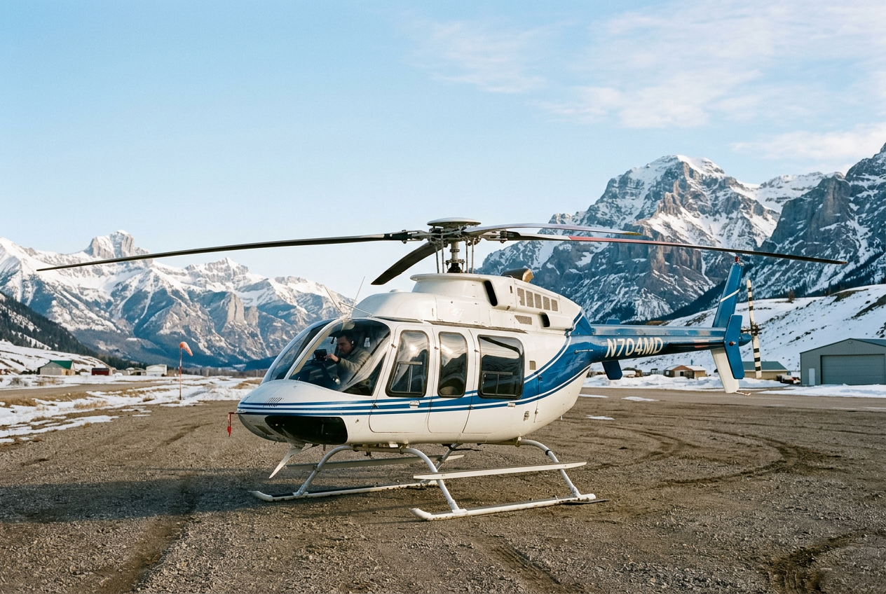 Light single-engine helicopter at a mountain airstrip