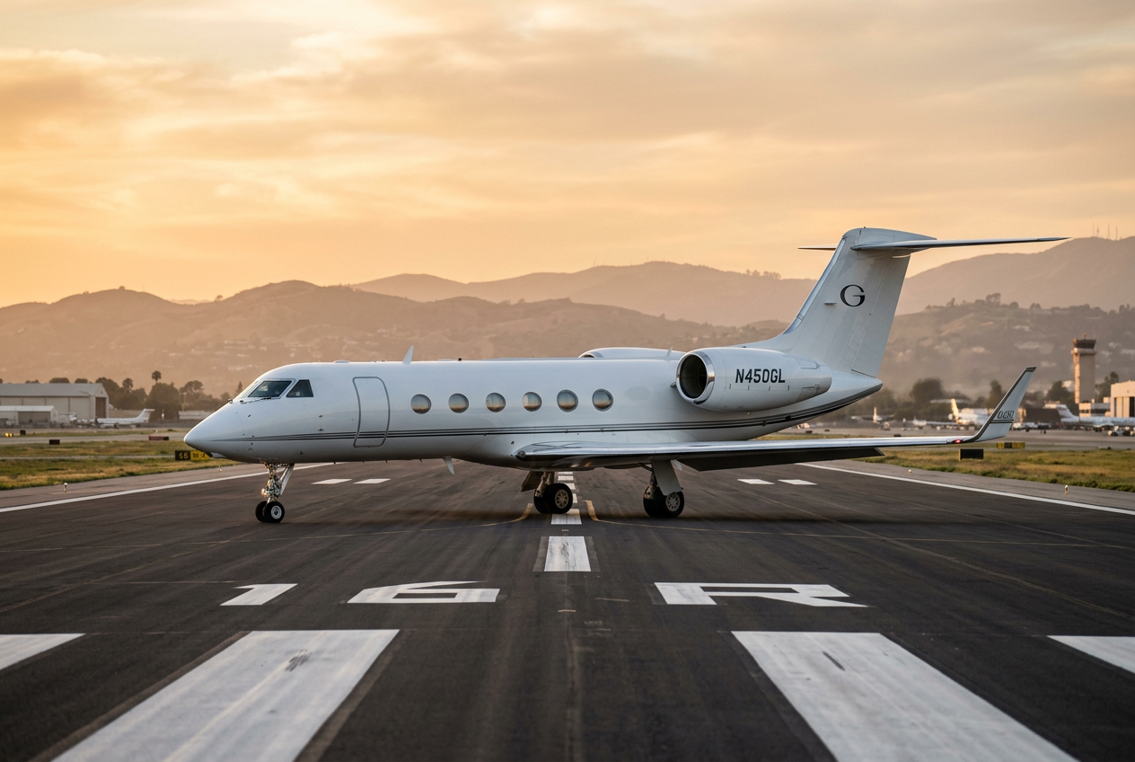 Large-cabin business jet on the runway at golden hour