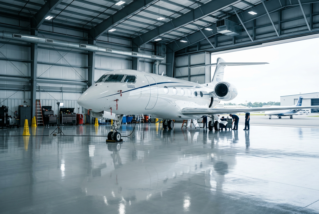 Business jet in the hangar during a maintenance visit