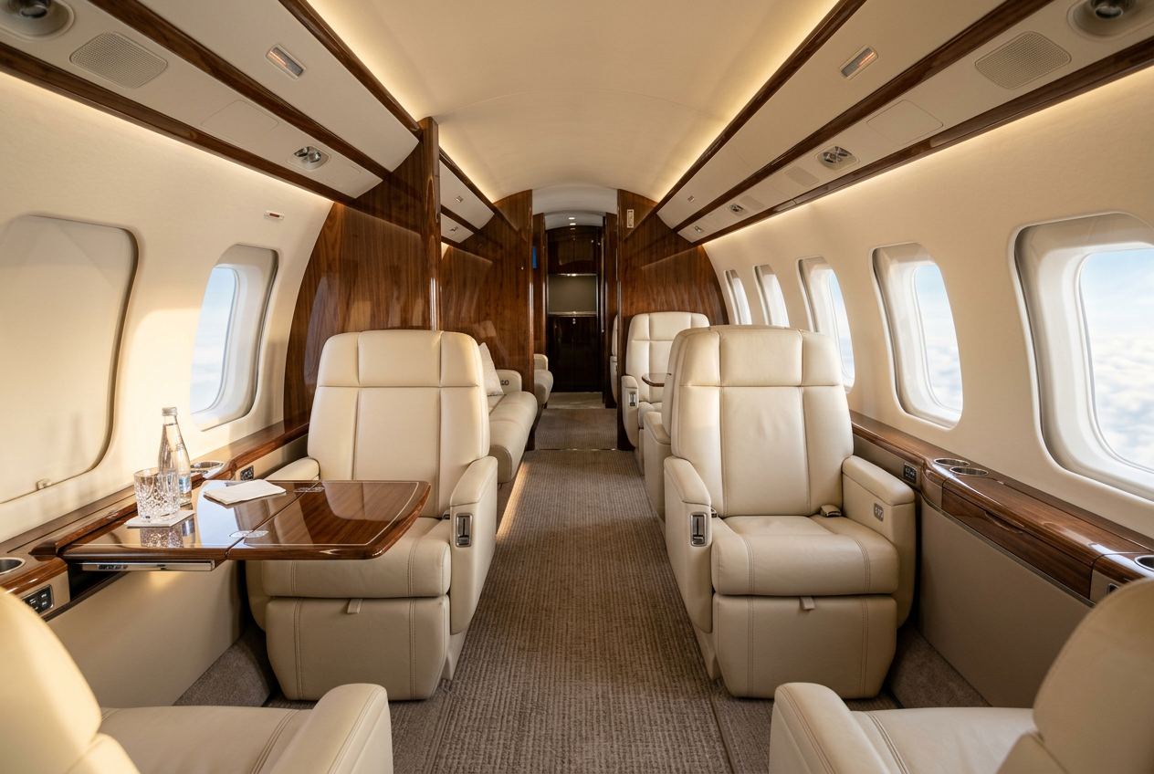 Executive aircraft cabin prepared for departure