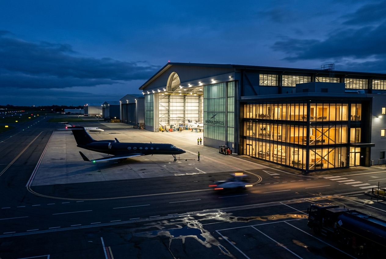 Hangar complex at blue hour