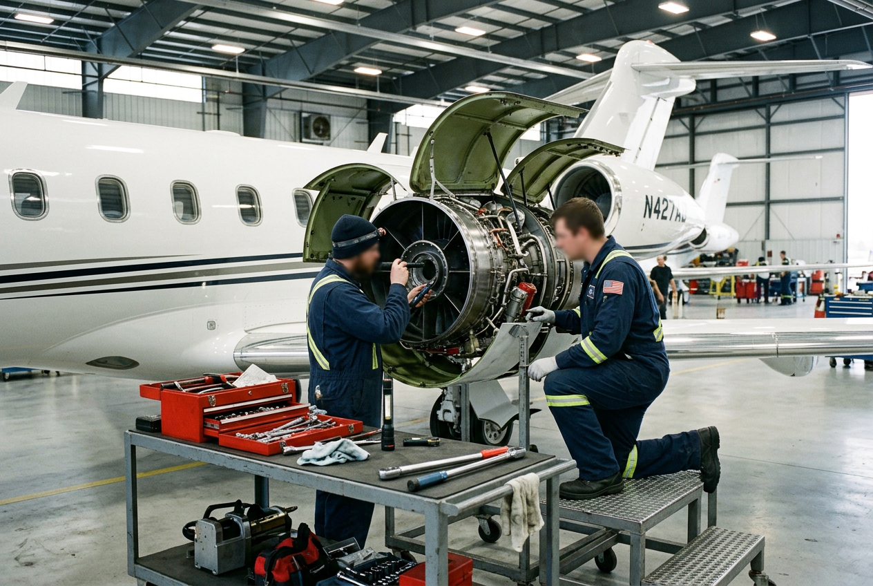 Technicians inspecting an engine cowling