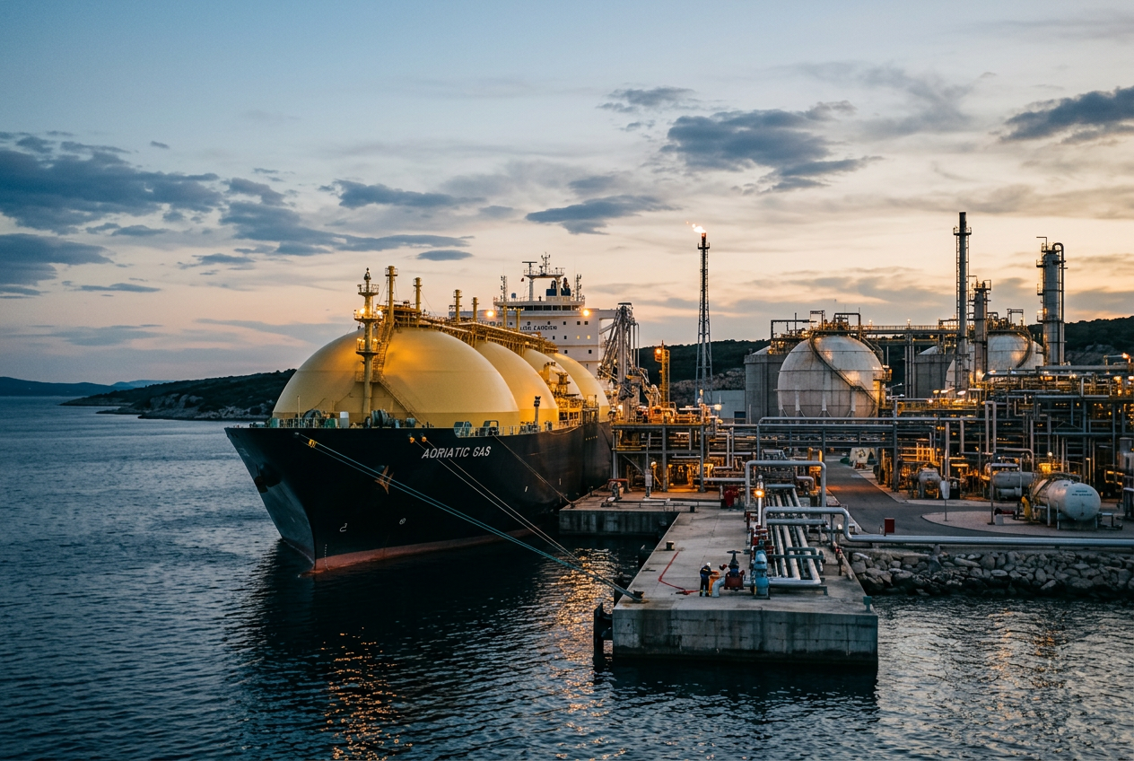 LNG carrier alongside a liquefaction terminal at dusk