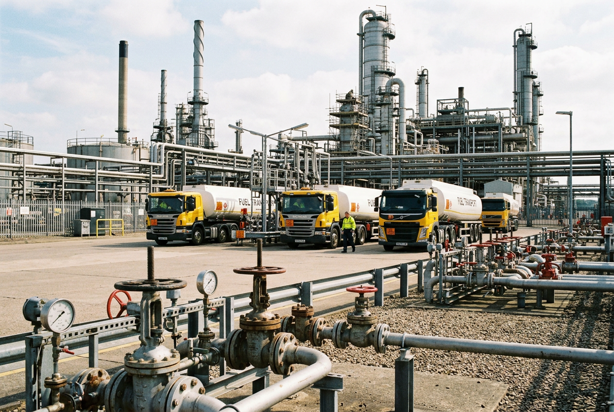 Fuel tankers and pipeline manifolds at a refinery