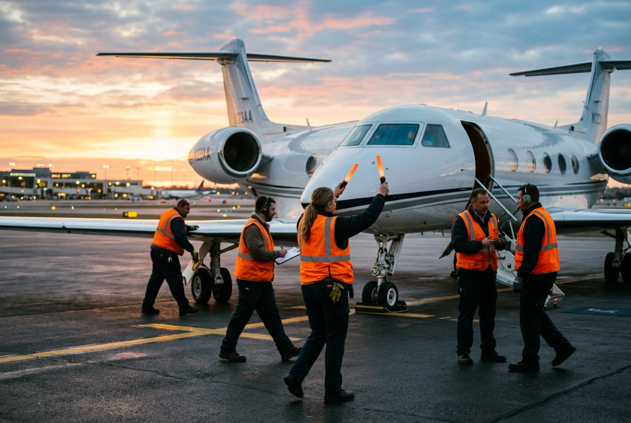 Ground operations team beside an aircraft at sunrise